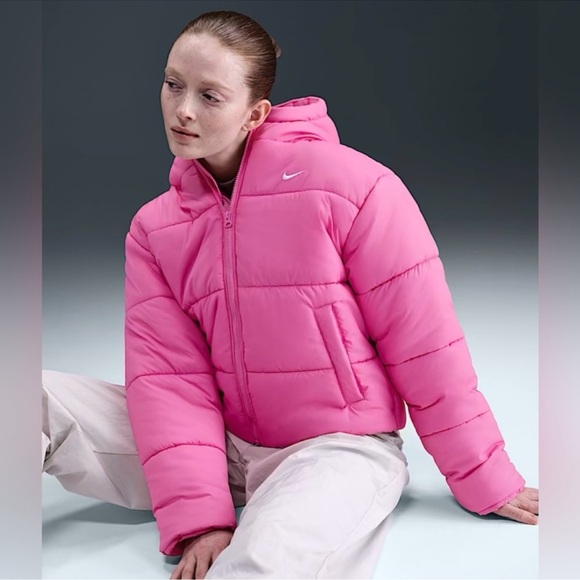 Nike Women's Therma-FIT Hooded Puffer Jacket in bright pink. Medium - Picture 3 of 4